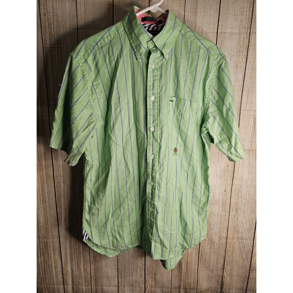 Tommy Hilfiger Mens Small Shirt Green Blue Stripe Short Sleeve Button Down Y2K